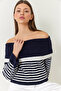 Women's Navy Blue White Degaje Collar Striped Sweater 20246303 - 4