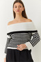 Women's White Black Degaje Collar Striped Sweater 20246303 - 3