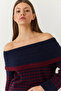 Women's Navy Blue Claret Red Collar Striped Sweater 20246303 - 4