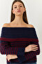 Women's Navy Blue Claret Red Collar Striped Sweater 20246303 - 3