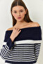 Women's Navy Blue White Degaje Collar Striped Sweater 20246303