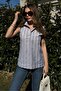 Women's Navy Striped, Textured Summer Fabric, Half Placket, Zero Sleeve Blouse