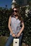 Women's Navy Striped, Textured Summer Fabric, Half Placket, Zero Sleeve Blouse - 3