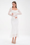 White Lined Lace Fabric Layered Square Neck Design Long Lace Sleeve Design Midi Dress 209 - 4