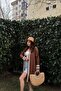 Women's Brown Muslin Fabric, Straw Stripe Detailed Casual Kimono Jacket - 5