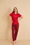 Women's Milan Soft Textured Short Sleeve Red Bottom Plaid Combed Cotton Pajamas Set - 2