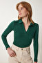 Women's Green Polo Neck Corded Knitted Blouse GT00111