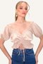 Women's Camel Madonna Collar Waist and Sleeves Elastic Front Gathered Crop Woven Blouse ALC-X8562 - 3