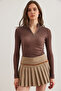 Women's Washed Bitter Brown Zippered Turtleneck Lycra Blouse Blz- 19001155 - 3