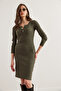 Women's Khaki Metal Button Raised Lycra Mini Dress Elb- 19002334 - 4