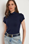 Women's Navy Blue Stand Collar Soft Textured Stretchy T-Shirt Tsh- 19000833