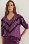 Women's Purple Stripe Detailed Wool Viscose Loose Blouse Blz- 19002826