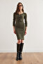 Women's Khaki Metal Button Raised Lycra Mini Dress Elb- 19002334 - 2