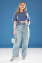 Açık Mavi Beli Ayarlanabilir %100 Pamuk Non-Stretch Büyük Beden Baggy Jean TBBAW25CJ00034 - 2