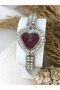 Heart Shaped Stone Inside Burgundy Red Silver Women's Wristwatch - 5