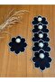 6 Pieces Black Gardenia Linen Star Patterned Cocktail Presentation Napkins with Pearls and Silver Embroidery