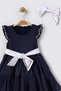 Navy Blue Girls' Dress with Embroidered Sleeves and Belt, Pleated Flared Cut, and Buckle Detail - Gift Item 15613 - 2