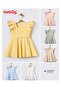 Crepe fabric sleeves flounced lined pleated flared cut square neck ecru girl's dress 15699 - 3