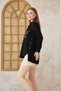 Women's Linen Black Letter Embroidered Long Sleeve Oval Cut Shirt with Button Detail on the Sides 6111330 - 5
