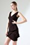 Coffee Crepe Fabric Thick Straps Flywheel Detail Mini Dress - 5