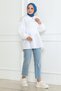 Women's White Satin Waist Elastic Shoulders Buttoned Flounce Skirt Detailed V-Neck Hijab Shirt - 3