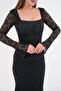 Black Lined Lace Fabric Layered Square Neck Design Long Lace Sleeve Design Midi Dress 209 - 7