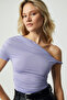 Burenty Women Asymmetrical Neck Slim Short Sleeve Purple Blouse - 4
