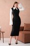 Women's Black Atlas Fabric Shirt Collar Sleeves Pleated and Slit Detailed Midi Pencil Evening Dress 278 - 6