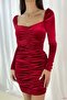 Red Velvet Fabric Long Sleeve Ruched Dress
