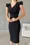 Black Imported Crepe Fabric Short Sleeve Belted Side Slit Dress - 3
