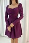 Purple Crepe Fabric Gather Detail Long Square Collar Long Sleeve Dress