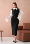 Women's Black Atlas Fabric Shirt Collar Sleeves Pleated and Slit Detailed Midi Pencil Evening Dress 278 - 4