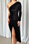 Black Asymmetric Collar Gathered Slit Single Sleeve Midi Length Dress Evening Dress - 6