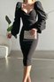 Black Princess Sleeve Slit-Detail Sweetheart Neck Midi Length Dress - 6