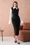 Women's Black Atlas Fabric Shirt Collar Sleeves Pleated and Slit Detailed Midi Pencil Evening Dress 278