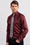 Modern Slim Fit Long Sleeve Plain Satin Cotton Men's Burgundy Shirt - 2