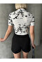 Women's White Marble Stand Collar Short Sleeve Viscose Cropped Blouse - 6