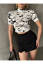 Women's White Marble Stand Collar Short Sleeve Viscose Cropped Blouse - 3