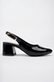 Women's Black Patent Leather Elegant Open Back Closed Front Thick Heeled Shoes - 5