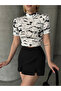 Women's White Marble Stand Collar Short Sleeve Viscose Cropped Blouse - 4