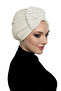 Crystal Fan Stone Embroidered Double-Sided Lined Cream Ready-made Hijab Hijab Evening Dress Bonnet - 4