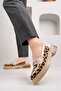Beige Patent Leather Leopard Patterned Gold Buckle Stone Women's Loafer Shoes - 3