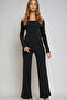 Women's Black Madonna Collar Ribbed Knit Blouse and Pants Set Prmx13060