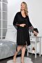18155 Women's Black Lace Detailed String Strap Nightgown Dressing Gown Set - 4