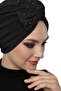 Crystal Fan Stone Embroidered Double-Sided Lined Black Ready-To-Wear Turban Hijab Evening Dress Bonnet - 2
