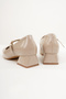 Women's Beige Patent Leather Blunt Toe Belt Detailed Short Heel Ballet Shoes - 4
