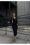 Women's Long Sleeve Double Breasted Collar Balloon Sleeve Detail Glitter Crepe Fabric Maxi Length Dress - 5