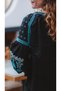 Black Color Ethnic Pattern Turquoise Embroidery Embroidered Front Double Laced Balloon Sleeve Design Jacket - 4