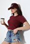 Cotton Compact Combed Ribbed Crew Neck Crop T-Shirt 21560 Claret Red - 3