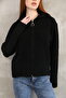 Women's Black Boucle Zippered Half Turtleneck Knitwear Cardigan
